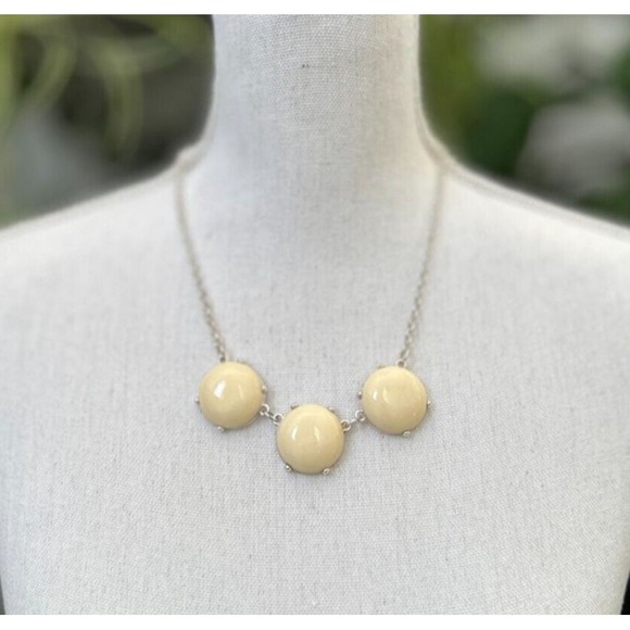 Silver Tone Chain 3 Three Round Beige Off-White Plastic Stones Necklace 23.5" - Picture 2 of 9